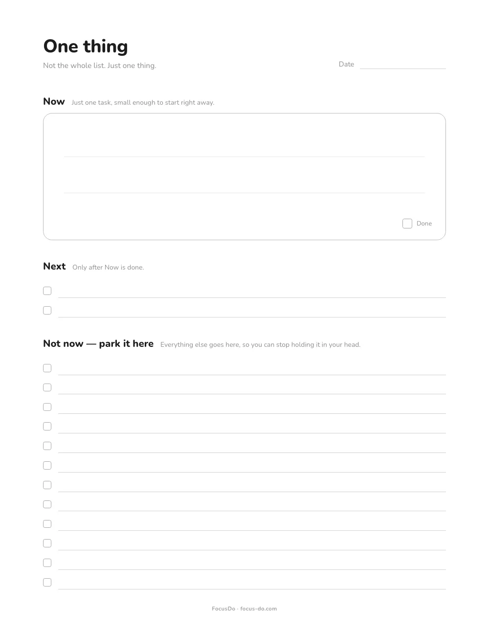 The One Thing printable: a large Now box for a single task, two lines for Next, and a lined Not now list with checkboxes for everything else